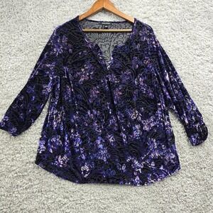 Roz & Ali Womens Velvet Burnout Blouse Size 2X Purple 3/4 Sleeve Whimsigoth Boho